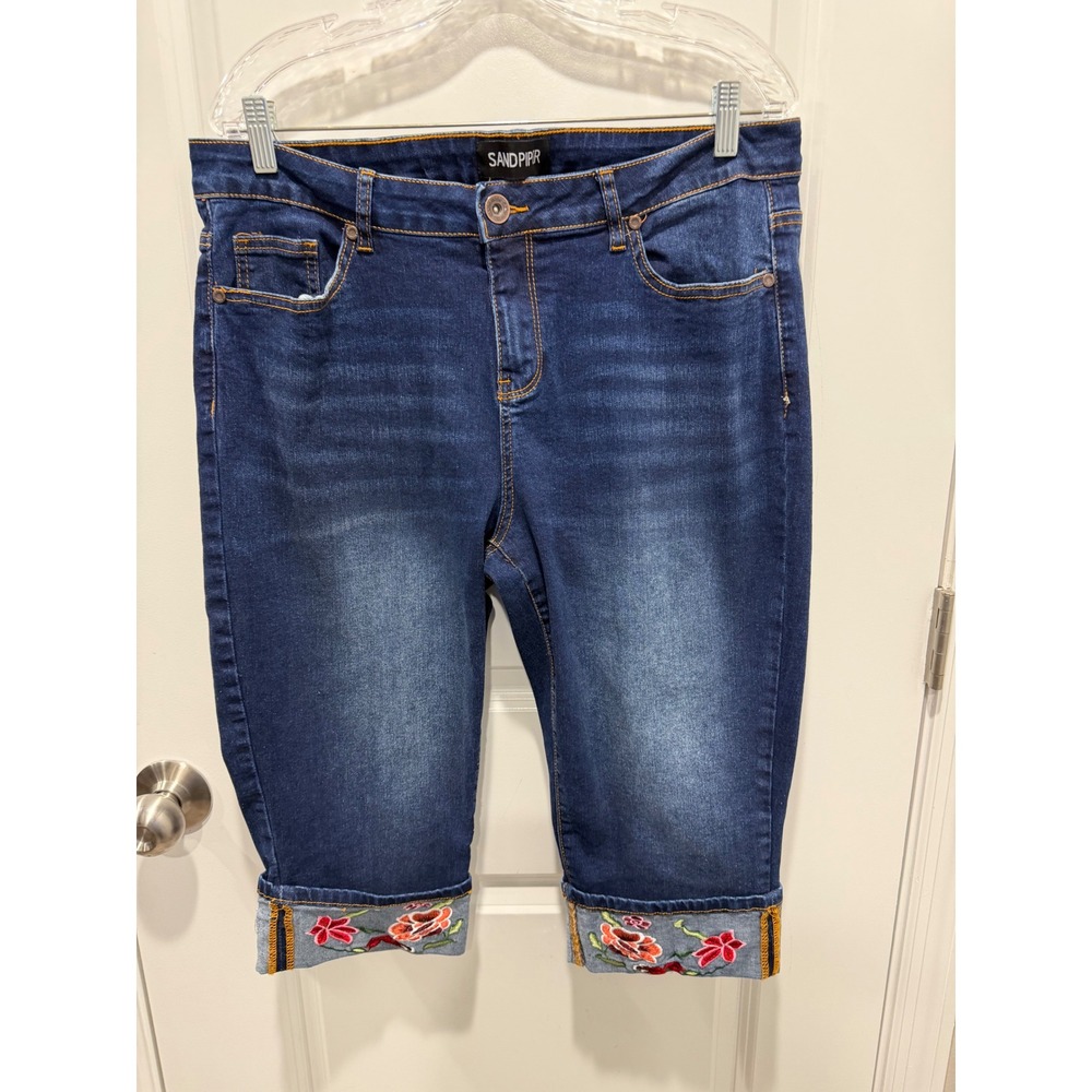 Sandpiper Women Capri Pants Floral Embroidered Hem Blue 16W